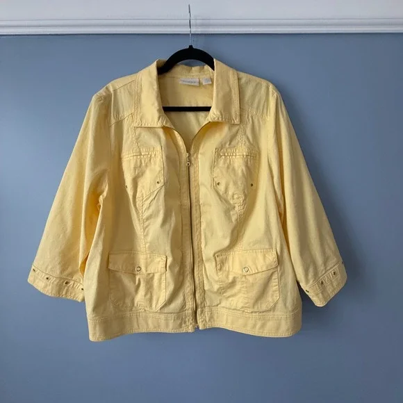 Chico's Size 3 XL Yellow 3/4 Sleeve lightweight unlined Full Zip Pockets - Picture 1 of 9